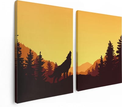 Artaza Canvas Schilderij Tweeluik Silhouet Van Een Wolf In Het Bos - Abstract - 120x80 - Foto Op Canvas - Canvas Print