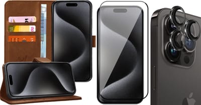 Hoesje geschikt voor iPhone 15 Pro - Screenprotector FullGuard & Camera Lens Screen Protector Zwart - Book Case Kunstleer Pasjeshouder Bruin