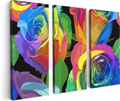 Artaza Canvas Schilderij Drieluik Kleurrijke Rozen - Bloemen - Abstract - 120x80 cm - Wanddecoratie Woonkamer - Schilderijen - Muurdecoratie
