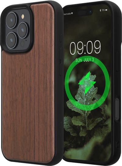 kwmobile Echt Houten Beschermhoes voor Apple iPhone 16 Pro – Hout & TPU Cover – donkerbruin walnoothout
