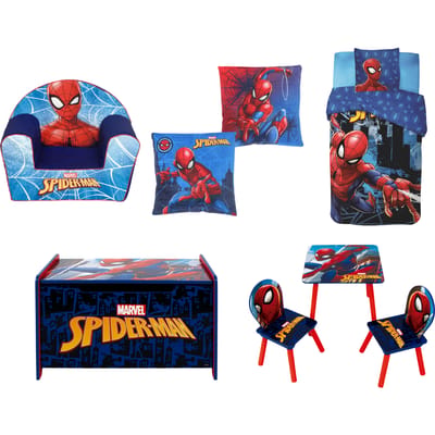 Spiderman slaapkamerset; dekbedovertrek, kussen, speelgoedkist, tafeltje en stoel