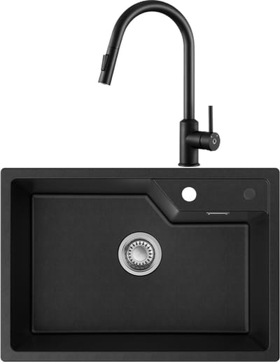 SOFETIY MAX Graniet Spoelbak 65x45cm Zwart - Spoelbak Keuken Met Keukenkraan - Haven stijl Keuken Gootsteen Modern - Met Waterafvoersysteem & Overloop