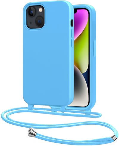 Hoes Geschikt voor iPhone 13 Mini Met Telefoonkoord - Siliconen Hoesje Backcover Met Ketting - Lichtblauw