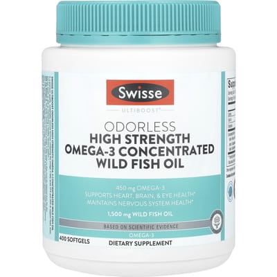Swisse, Ultiboost®, Geurvrij, Hooggedoseerde Omega-3 Geconcentreerde Wilde Visolie, 1.500 mg, 400 Softgels