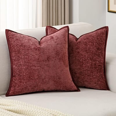 Sierkussenslopen Chenille - Kussenhoezen Set - Woondecoratie Bank - Gebonden Rand Design - 55 x 55 cm - Bordeaux