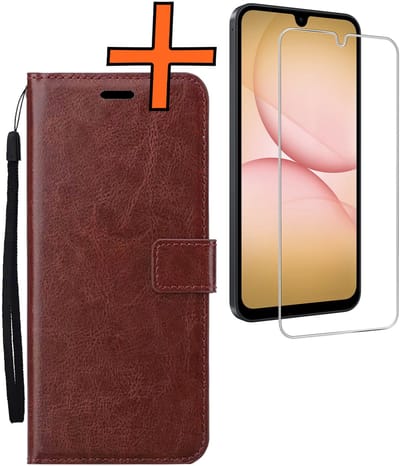 Hoes - Met Screenprotector - Geschikt voor Samsung Galaxy A17 - Luxe Pasjeshouder - Bookcase Portemonee - Flip Case - Kunstleer Book Case - Flipcase - Book Cover - Walletcase - PortemonneeHoes - Bruin