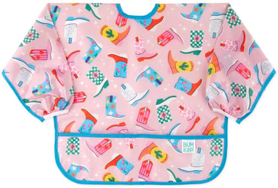 Bumkins Sleeved Bib - Waterdichte Mouwslab met Opvangbakje - Slab met Lange Mouwen - Knoeislab en Slabbetje voor Baby en Peuter - Kliederschort - Machinewasbaar - Baby Led Weaning BLW - Boots Cowboylaarsjes - Roze - 6-24 maanden