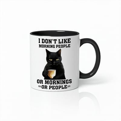 Grappige Kat “I Don’t Like Morning People” Wit-Zwarte Mok – Chagrijnige Kat Koffiequote – 330 ml Koffiebeker