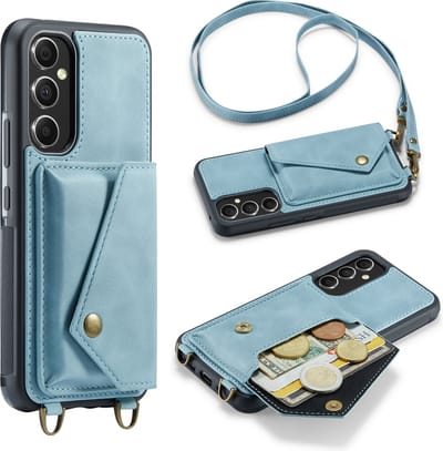 Casemania Hoesje Geschikt voor Samsung Galaxy A14 - Aqua Blue - Luxe Backcover met Koord en Magnetische Sluiting - Portemonnee Wallet Case met Pasjeshouder en Opbergvak - Lanyard Telefoonhoes - Cord Case