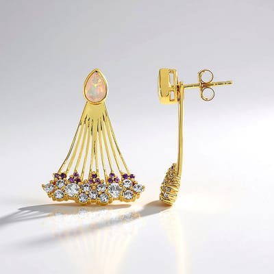 Cavill - Zilveren Oorbellen 925 Sterling Zilver Verguld - 2 Welo-opalen 0,523 ct Peervormig - 26 Amethisten & Zirkonia 2,438 ct - Elegant & Feestelijk