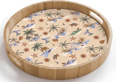 Dienblad rond 40x40 cm - Schootdienblad hout - Kust - Zee - Eiland - Walrus - Borrelplank rechthoek - Plateau houten dienbladen