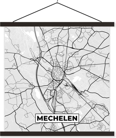 Posterhanger incl. Poster 60x60 cm - Schoolplaat - Stadskaart – Plattegrond – België – Zwart Wit – Mechelen – Kaart - Textielposter - Zwarte latten - Stadskaart