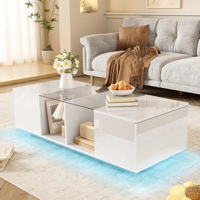 STILVORA Salontafel - Modern Hoogglans Met Glasplaat - LED 16 Kleuren Bluetooth En Opbergruimte - MDF;Spaanplaat - 120x50x38,5 cm - Wit