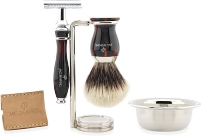 Klassieke handgemaakte scheerset voor heren met dubbelzijdig veiligheidsscheermes, scheerkwast met zilveren punt, standaard en scheerkom Perfecte cadeauset