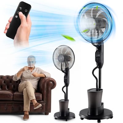 Statiefventilator 16 Inch - Staande Ventilator - Slaapkamer Stille Ventilator - Sproeifunctie - 2,8L Watertank - 9 Windsnelheden - 120° Zwenking - 7u Timer - 5 Wielen - met Afstandsbediening - Voor Thuis & Kantoor & Tuin