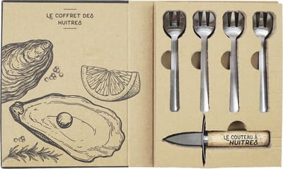Oesterset met Houten Oestermes & 4 RVS Vorkjes – Complete Oesteropener Set voor Oesters Openen & Serveren – Oestervorkjes en Mes – Bruin Handvat