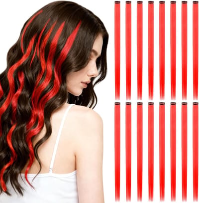 16 Delige Haarextensions Set, 22 Inch Lange Stevige Haarextensions, Clip-In Haaraccessoires voor Feest en Festival Decoratie in Fel Rood