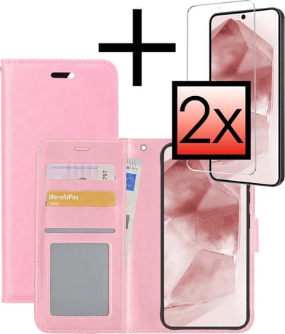 Hoesje - Met 2x Screenprotector - Geschikt voor Samsung Galaxy A55 - Luxe Pasjeshouder - Bookcase Portemonee - Flip Case - Kunstleer Book Case - Flipcase Hoes - Book Cover - Walletcase - Portemonneehoes - Lichtroze
