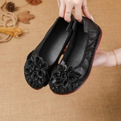 Eerste Laag Koeienhuid Zomer Nieuw Zachtzool Rundspees Zool Damesschoenen Etnische Stijl Bloem Echt Leer Enkelschoenen Schoenen voor Moeder van middelbare leeftijd 41