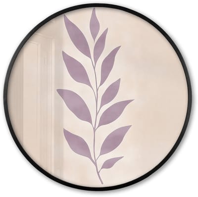 Poster in lijst Rond - Fotolijst 60x60 cm - Posters - Tak - Bladeren - Minimalistisch - Beige - Ronde posterlijst zwart - Decoratie - Wanddecoratie woonkamer - Muurdecoratie slaapkamer