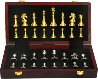 Elegante Professionele Schaakset met Metalen Stukken in Luxe Houten Doos - Goud & Zilver - Tijdloos Klassiek Design - Draagbaar Schaakbord voor Volwassenen en Kinderen, Perfect als Decoratie