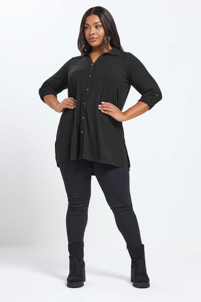 Yours Zwarte Geribbelde Top Met Knoopsluiting Size 42