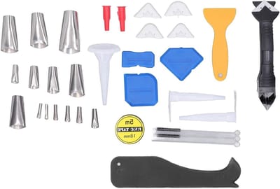 Kit Afwerkingsset - Voegenschraper Kit - Naden Afwerken - Roestvrij Staal Schraper - 14 Opzetstukken - Zwart Zilver