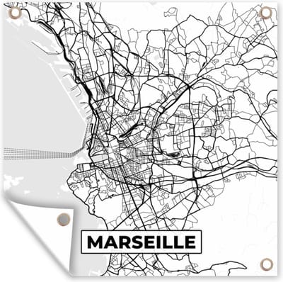 Tuin poster Kaart - Plattegrond - Marseille - Frankrijk - Stadskaart - Zwart wit - 200x200 cm - Tuindoek