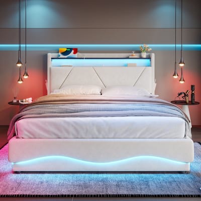 VVBV Gestoffeerd Bed met Opbergruimte 140x200 cm met Hoofdbord, Lattenbodem - Planken, Bureau, USB, LED-Verlichting