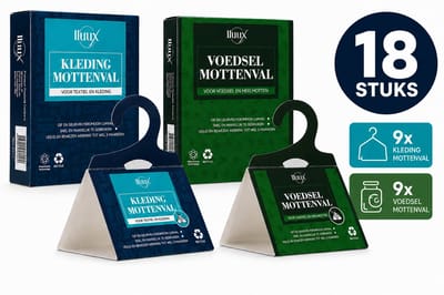 lluux - Mottenval - 18 Stuks - 9x Kledingmottenval + 9x Voedselmottenval - Mottenval kledingmotten - Mottenval Voedselmotten - Mottenvanger - Mottenvallen - Motten vallen Feromoonval - Mottenballen Kledingkast - Mottenpapier - levensmiddelenmottenval