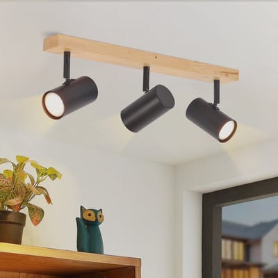 NETTLIFE Opbouwspot GU10 3 Vlam - Zwart - Metaal en Hout - Retro Plafondspot - Draaibaar 350° Plafondlamp - voor Woonkamer Slaapkamer Keuken - Max.25W-excl. lichtbron
