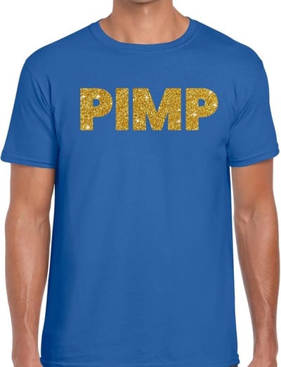 Pimp glitter tekst t-shirt - blauw - voor heren - Pooier thema - verkleedkleding - gouden print S