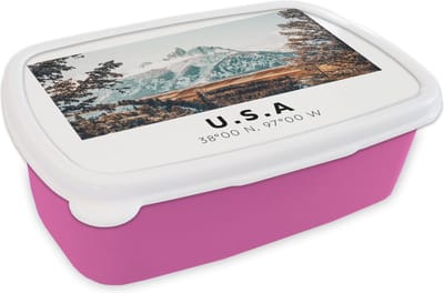 Broodtrommel Roze - Lunchbox - Brooddoos - Amerika - Bergen - Winter - Bos - 18x12x6 cm - Kinderen - Meisje