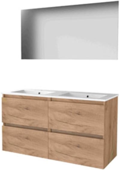 Basic-Line Ultimate 46 Badkamermeubelset - 120 x 46 cm - Greeploos - 4 Lades - Keramische Wastafel - 2 Kraangaten - Spiegel met Indirecte LED Verlichting - Whisky Oak
