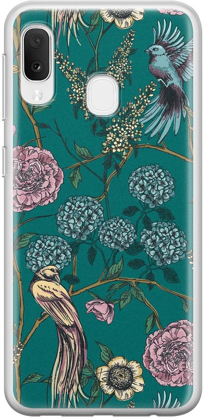 Hoesje geschikt voor Samsung Galaxy A20e - Vogels Japanse bloemen - Soft Case - TPU - Bloemen - Blauw - Mooie Telefoonhoesjes