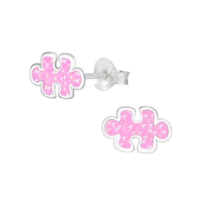 Joy|S - Zilveren puzzel oorbellen - glitter roze - puzzelstukje oorknoppen