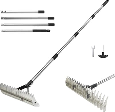 Rieten hark - Gazon hark - Gazon onderhoud - Verstelbaar ontwerp - 134 cm lengte - Zilver