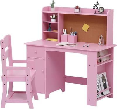 Kinderbureau en Stoel met Opbergruimte - Houten Kindertafel met Etagère, Prikbord & Lade - Verstelbare Kinderstoel - Studiehoek Kinderkamer - 97x46x101cm - Roze