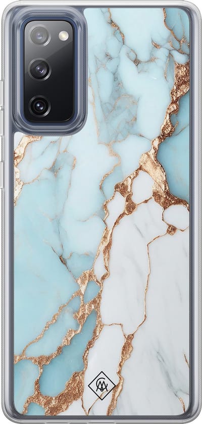Casimoda® hoesje - Geschikt voor Samsung Galaxy S20 FE - Marmer Lichtblauw - 2-in-1 case - Schokbestendig - Marble design - Verhoogde randen - Blauw, Transparant
