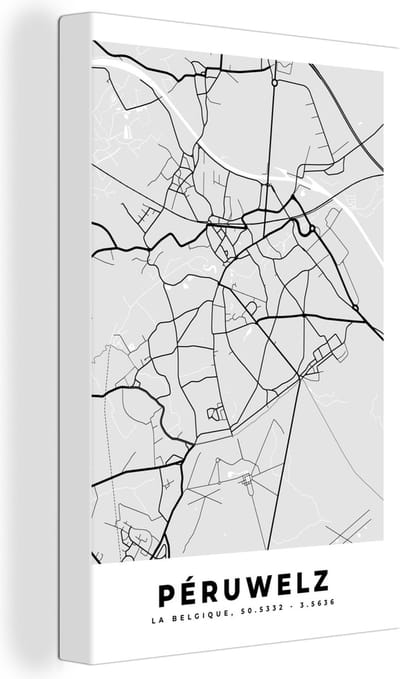 Canvas Schilderij Stadskaart – Plattegrond – België – Zwart Wit – Péruwelz – Kaart - 20x30 cm - Wanddecoratie