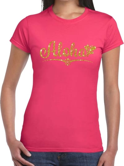 Hawaii verkleedkleding T-shirt - Aloha - roze - voor dames - met gouden letters - Tropical party kleding S