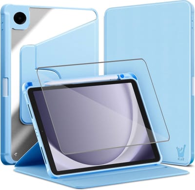 Hoes met Screenprotector geschikt voor Samsung Galaxy Tab A9 / Tab A11 - Book Case Premium Sleep Cover Kunstleer 360 Graden Draaibaar met Auto/Wake Functie en Pencilhouder - Blauw