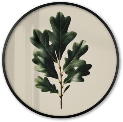 Poster in lijst Rond - Fotolijst 60x60 cm - Posters - Eikenbladeren - Beige - Groen - Golvende randen - Ronde posterlijst zwart - Decoratie - Wanddecoratie woonkamer - Muurdecoratie slaapkamer