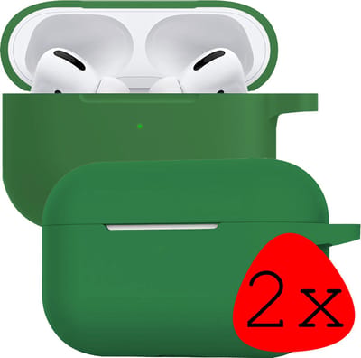 Case - 2 Stuks - Geschikt voor Apple Airpods Pro - Siliconen Hoes met Clip - Silicone Hoesje Cover - Donkergroen