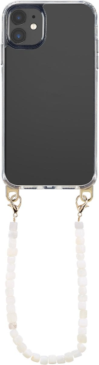 Selencia Transparant Hoesje met Haakjes inclusief Natuurstenen Polskoord - Geschikt voor Apple iPhone 11 - Pearl White