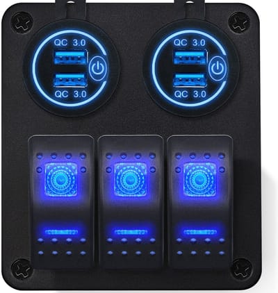 ProRide Schakelpaneel 12V voor Auto/Boot - USB Stopcontact 4 Poorten met Schakelaar - QC3.0 - PUSB1QC-B - 3 schakelaars - Blauw