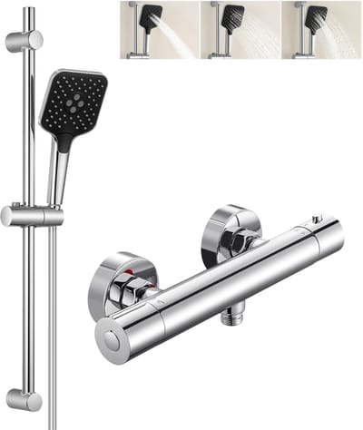 DERW Max Thermostatische Douchekraan - Doucheset - 3 Standen Handdouche - Glijstang 70 cm - Doucheslang 150 cm - Waterbesparend - Veiligheidsfuncties - Chroom