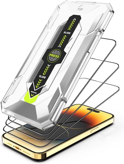 Screenprotector geschikt voor iPhone 14 Pro - 3x Volledig Dekkende Full Gehard Glas Tempered Glass Screen Protector + One-Step Montage Frame