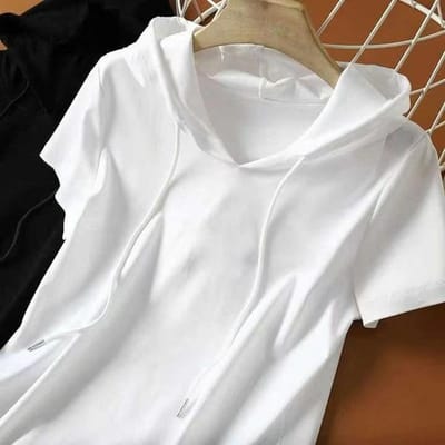 Sweat à capuche pour femme, été, dernière mode japonaise et coréenne, couleur unie, manches courtes, coupe ample, haut de base simple et ajusté pour femme M blanc