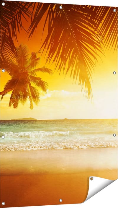 Gards Tuinposter Tropisch Strand tijdens Zonsondergang - 80x120 cm - Tuindoek - Tuindecoratie - Wanddecoratie buiten - Tuinschilderij